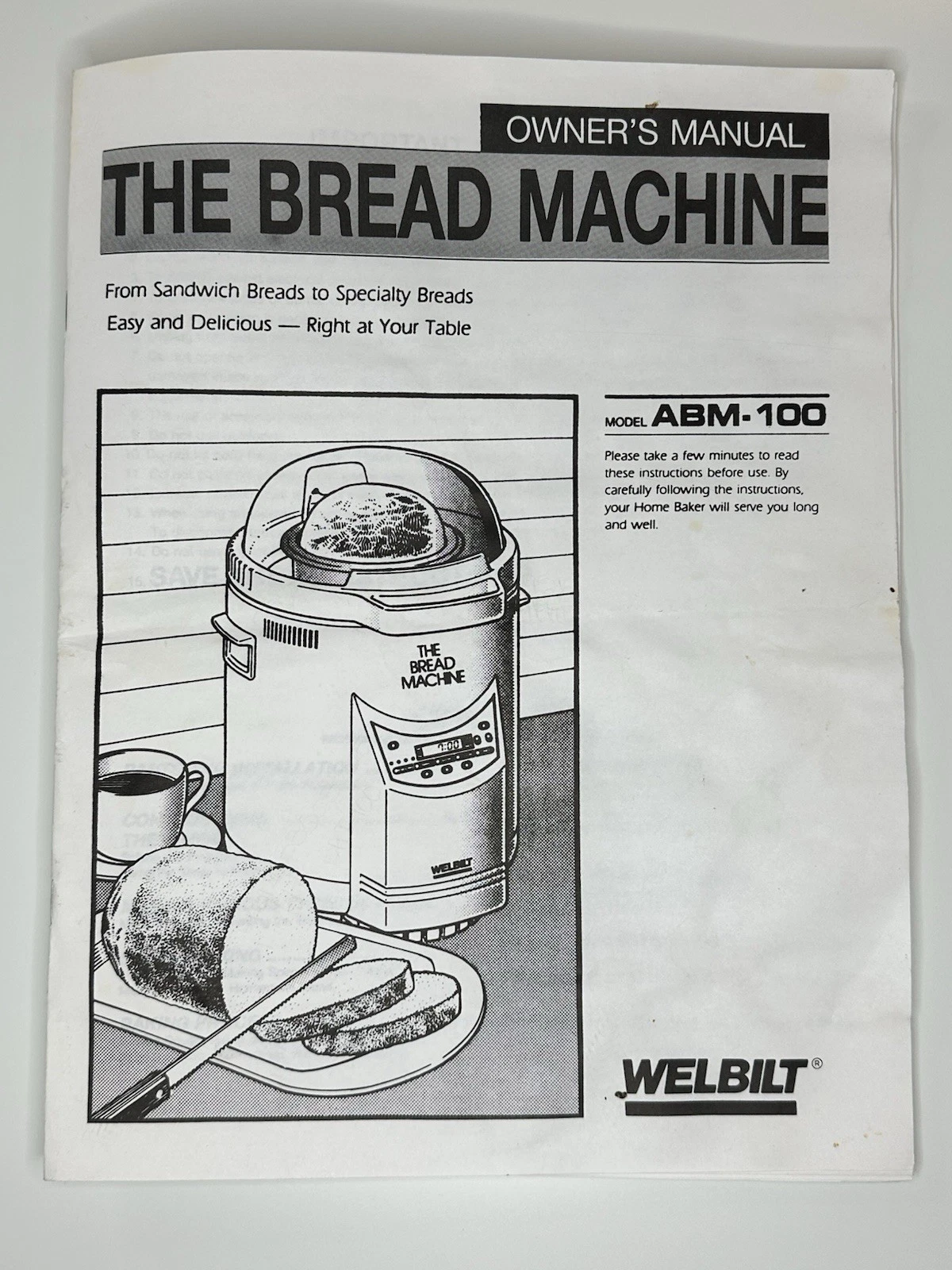 WELBILT Bread Machine Instruction Manual ABM-100 Directions Recipes Owner Baking