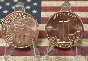 LOT of 2-"911 25th ANNIVERSARY & 911 NEVER FORGET"-1 oz each .999 Copper