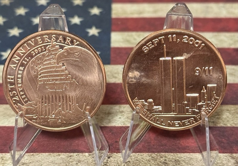 LOT of 2-"911 25th ANNIVERSARY & 911 NEVER FORGET"-1 oz each .999 Copper