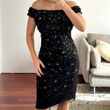 Adrianna Papell Knee length embellished Floral Dress size 10 Black Off shoulder