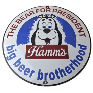 Vintage Hamms Beer Sign - The Bear for President Gas Pump Porcelain Sign