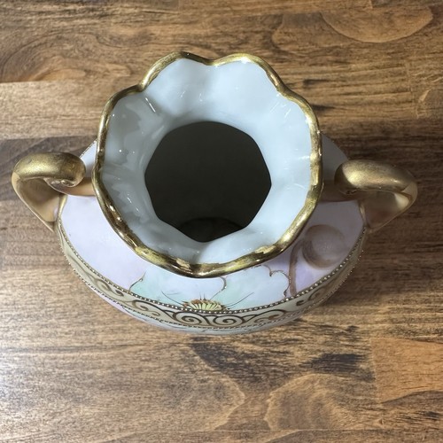 Antique 6” hand painted Nippon double handle footed vase Floral Gold - Picture 3 of 12