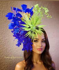 Aimee Fuller Kentucky Derby Fascinator Blue Lime Apple Green Feather Hat Del Mar