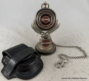 1998 Franklin Mint Harley Davidson Pocket Watch With Eagle Stand & Leather Case