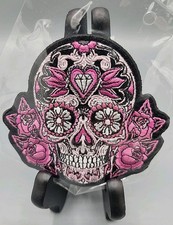 Sugar Skull Pink 4" x 4" Embroidered Patch Iron-On Biker Emo Gothic Retro