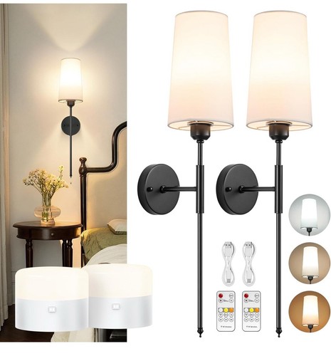 Battery Operated Wall Sconce Set of 2 Black Rechargeable Wall Light Wireless