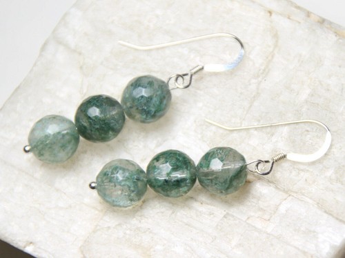 Green Rutilated Quartz 8mm Ball Gemstone .925 Sterling Silver Earrings 1 3/4" - Picture 2 of 8