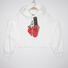Levi's Women's Raw edge Hem Graphic Cropped Fleece Pullover Hoodie White Size M