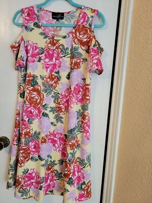 Lexington Avenue M/L Cold Shoulder Floral Sundress Pink/Yellow Short Sleeve USA