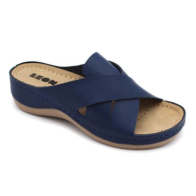 Leon 932 Leder Slipper Damen Ladies Clogs Pantolette Hausschuhe Schuhe, blau
