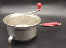 Vintage FOLEY Food Mill Metal Masher Strainer Red Wooden Handles