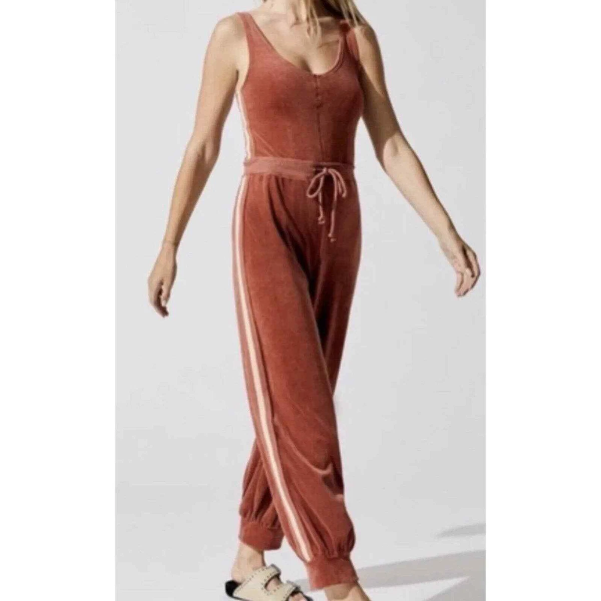 Free People Feel Good Velour Jumpsuit One Piece Varsity Striped