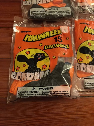 NOS 8 VTG Halloween Balloons Orange Black 1991 Unique Industries Cat Package B1 - Picture 2 of 10