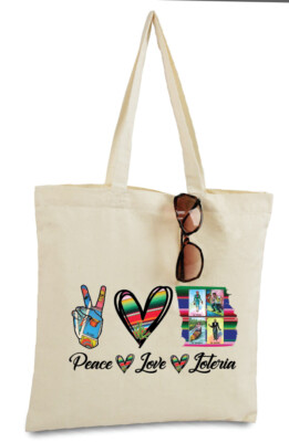 Peace Love Loteria Tote Bag  Mexican Card Bingo Illustration Reusable Tote Bag