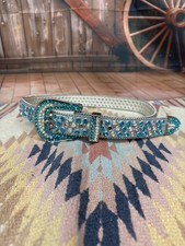 Women's Silver Leather Western Style Belt with Turquoise Rhinestones Size Medium