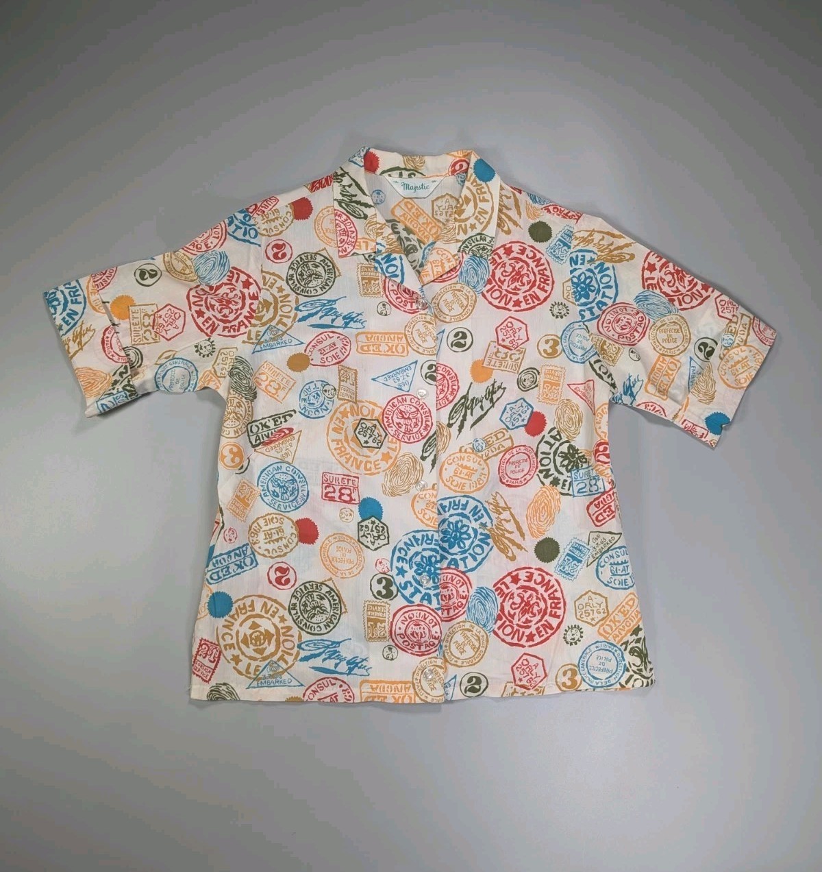 Vintage majestic blouse womens travel visa stamp print short sleeve button shirt