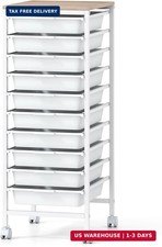 Rolling Storage Cart with 10 Drawers, Utility Cart w/Wooden Tabletop, Lockable W