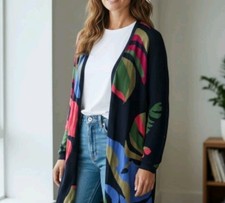 Chico  s 2 Womens Large Colorful Tropical Print Mesh Long Line Abstract Cardigan