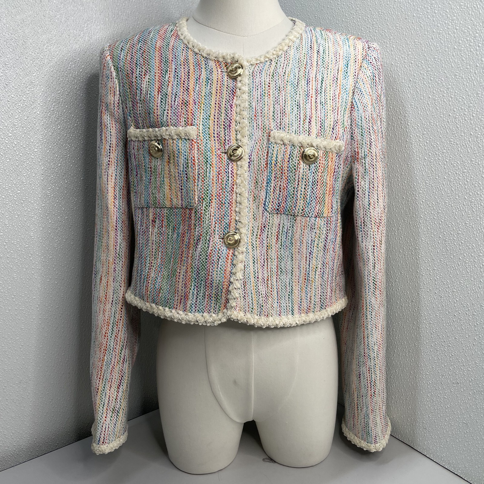 Cinq A Sept Womens Jacket Ivory/Multicolor Size 4 Audun Cropped Prism Tweed