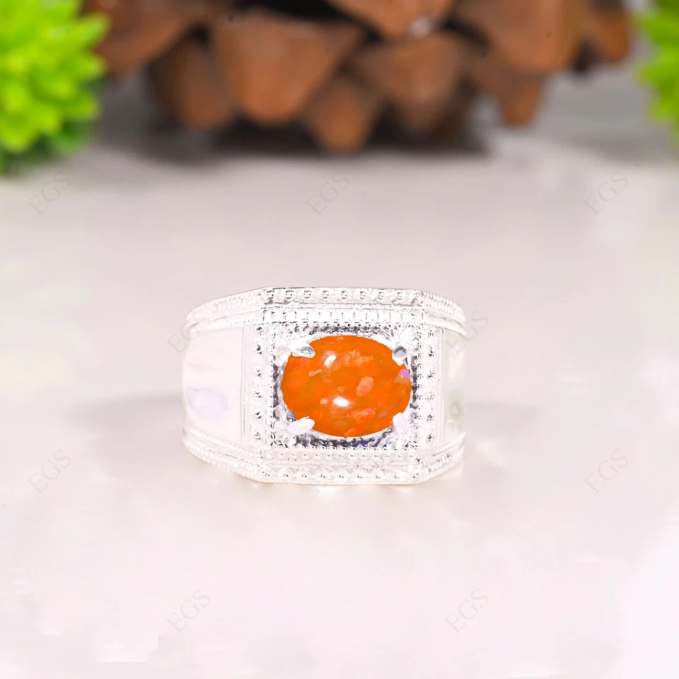 Anillo de ópalo Orenge para hombre anillo de plata de ley 925 anillo de piedras preciosas todos los tamaños de anillo Foto 2 de 4