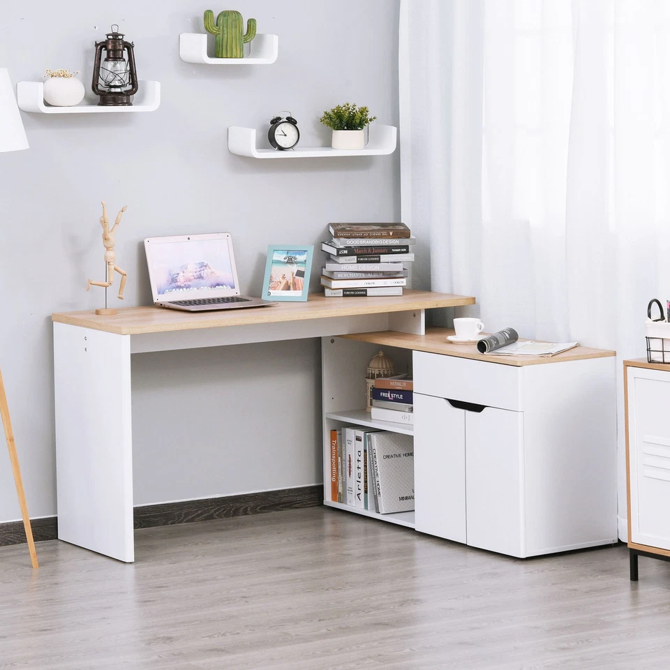 HOMCOM Scrivania Angolare con Piano Estraibile e Libreria color Legno e Bianco - Immagine 3 di 4