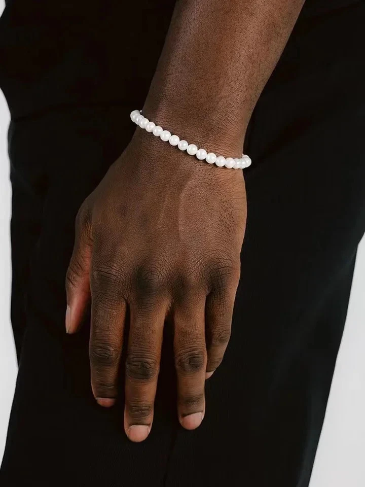 Acrylic Pearl Beaded Bracelet Men White Round Simple Link Chain Metal Jewelry - Image 2 of 4