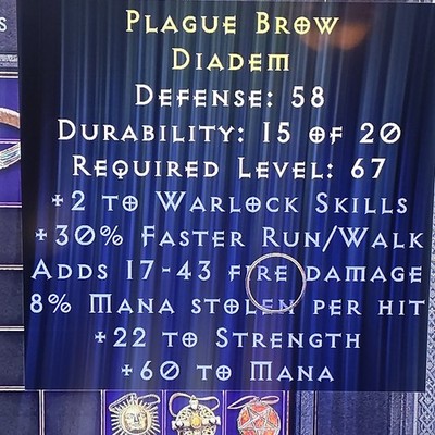 Diablo II Plague Brow Diadem +2 Warlock Skills +30% Run/Walk 8% Mana Steal