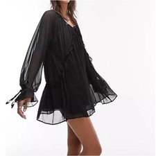 Topshop Babydoll Mini Dress Scoop Neck Long Sleeve In Black Size 8 NWOT