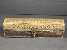 Vintage pierced brass overlay and wood hinged incense storage box