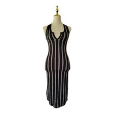 Capella Black Striped Bodycon Dress Size L Sleeveless Stretch Midi NWT