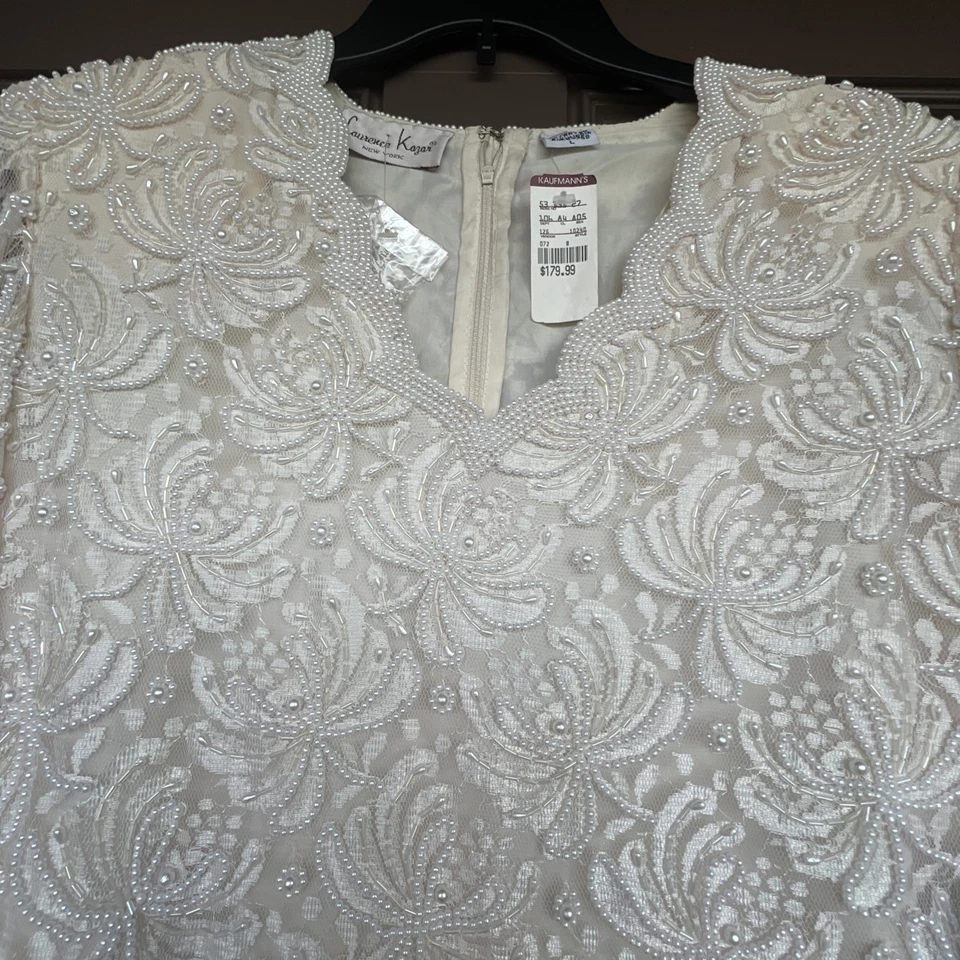 Vestido De Colección Laurence Kazar Cuentas Crema Elegante Perla Floral Encaje Formal Boda Foto 3 de 4