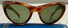 VINTAGE Cat Eye Tortoise Brown with Crystal Women  s Green Lenses Sunglasses