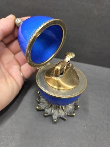 Vintage Evans Blue Guilloche Egg Table Lighter with Ornate Pedestal Base
