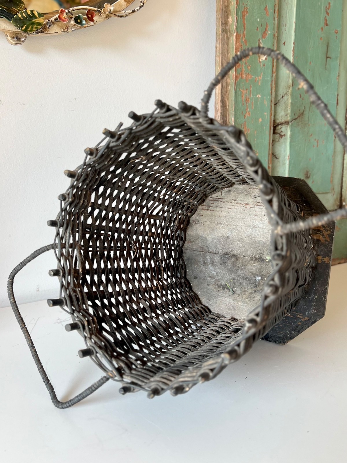 Antique Funeral Flower Basket Black Painted Wicker Woven Mourning Display