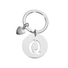 Initial Letter KeyChain, Disc Letter A-Z Heart Charm Keyring, Silver Q 
