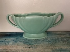 Art Deco vintage Scalloped Mantle Vase in pale lustre green 12" wide from UK.