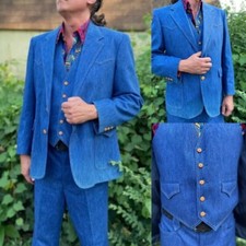 Denim 3 Pcs Men's Suits Casual Outdoor Tuxedos Blue Silm Fit Summer Blazer Vest