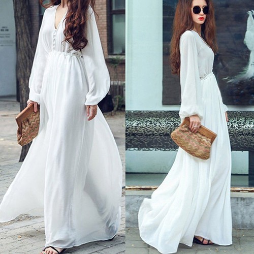 Women's Boho Maxi Dress Chiffon Long Sleeve Party V-neck Casual Beach  Sundress | eBay