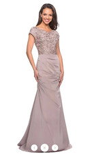 La Femme 26806 Short Sleeve Embroidered Bodice Ruched Mermaid Gown in Champagne