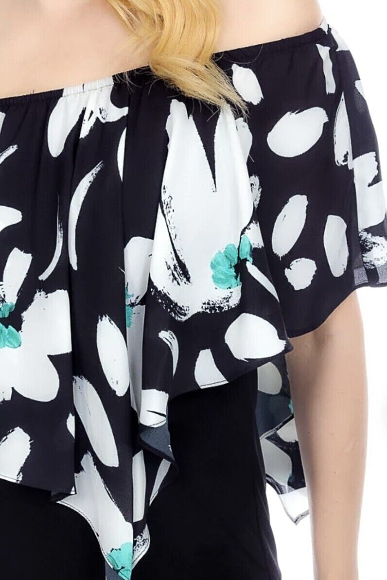 カットソー(長袖/七分) us vintage flower tops. Joseph Ribkoff 212082 Size UK10 Midnight Blue/White Blouse