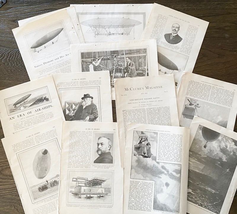 HOT AIR-SHIPS BLIMP BALLOON RACE Print Articles&Photo Lot~Santos Dumont,Langley+