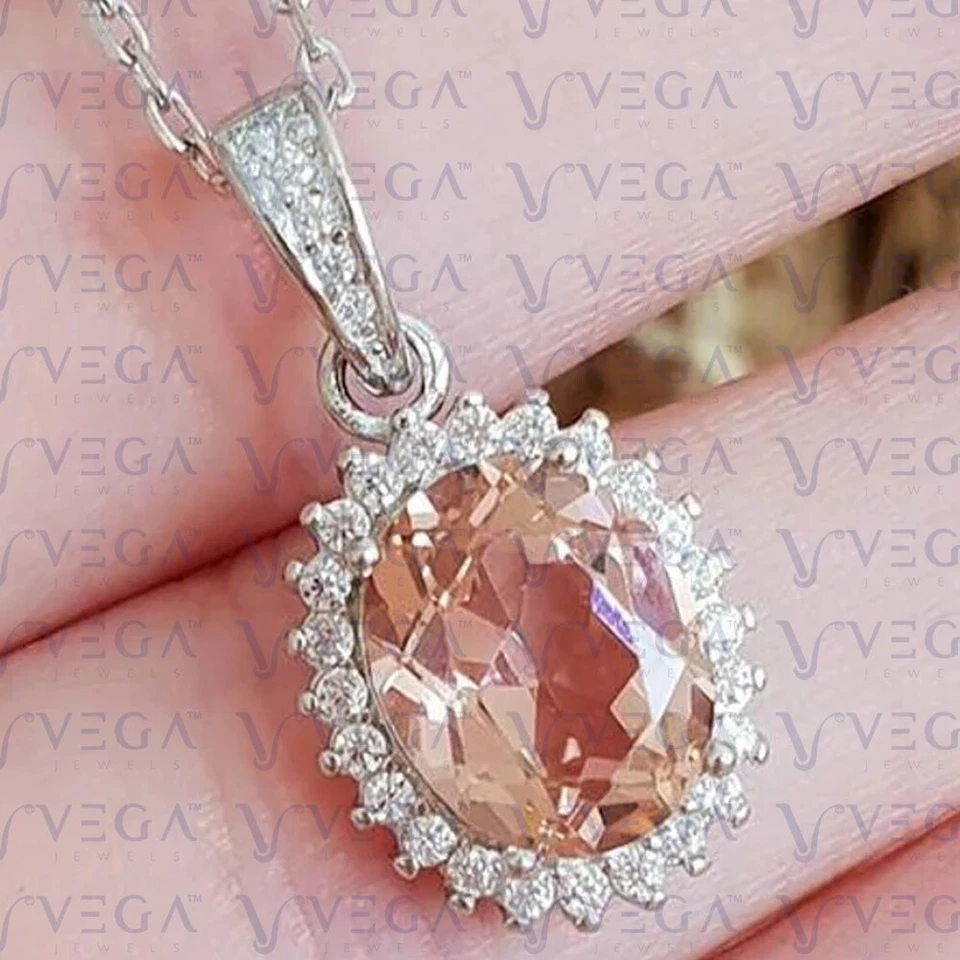 Colgante ovalado de morganita natural y diamantes de 5,90 quilates enchapado en oro blanco de 18 k sin cadena Foto 3 de 4