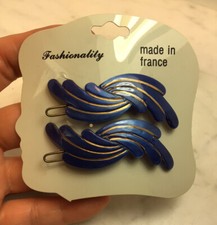 Vintage French Hair Clip Barrettes Indigo Blue Celluloid Pair Unused