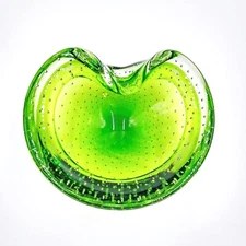 Studio Art Glass Dish Clear Green Bullicante Controlled Bubbles Polished Bottom