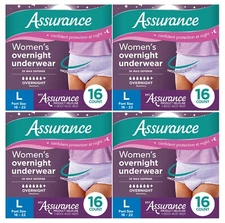 64-Pack -Assurance Women's Overnight Incontinence Underwear Max Size L (16 - 22)