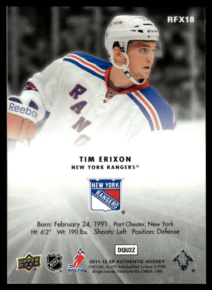2011-12 SP Authentic Holoview FX Tim Erixon New York Rangers #RFX18 - Image 2 of 2