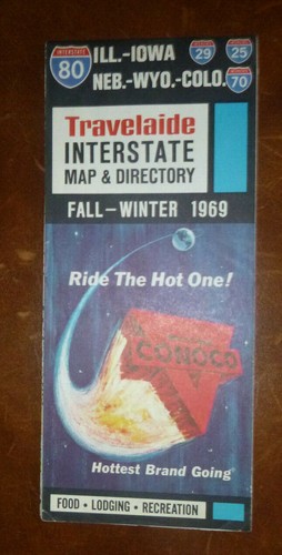 1969 fall winter I80 29 25 70 Interstate road map Conoco gas oil IL IA NE WY CO
