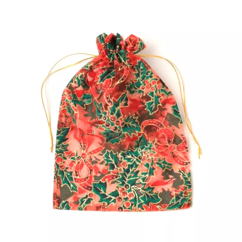 6 x Organza Gift Bags Holly Print Glitter Christmas Xmas Bags Wrapping