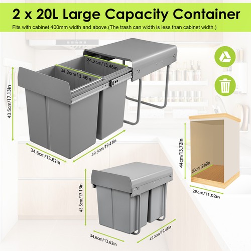 40L Einbau Abfallsammler Küche Grau 40er Schrank Mülleimer Vollauszug 2x20 L - Bild 4 von 12