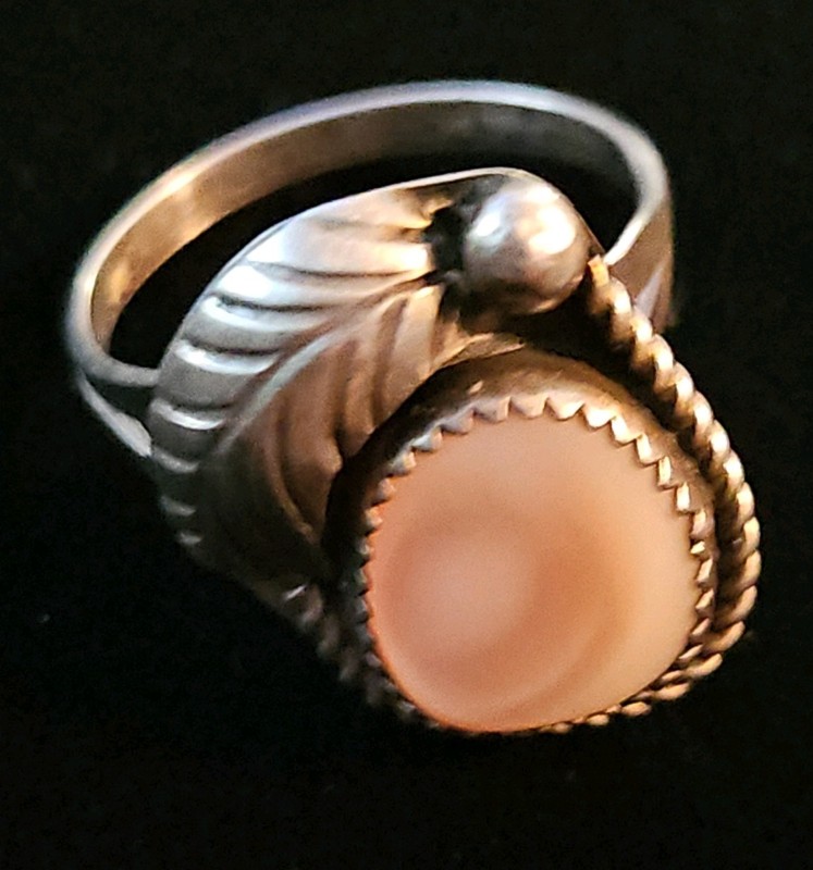 .925 Sterling Silver: Vintage; Natural Pink Mussel; Size 6.25 Navajo Ring